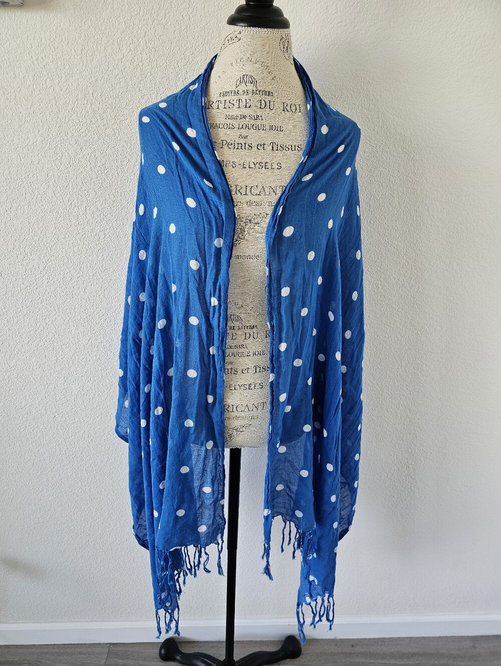 Abercrombie & Fitch A&F 1892 New York Blue White Polka Dot Fringe Scarf